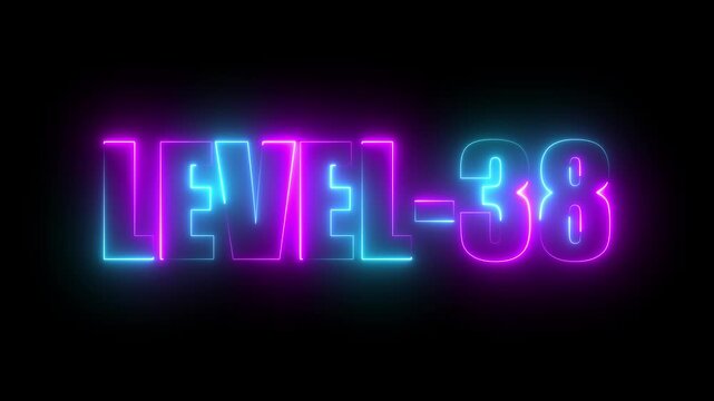 Level -38 neon bright text font, colorful motion animation. Ideal for futuristic game intros animation. Neon level 38 up sing on a black background.4k video.