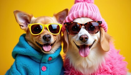 Fototapeta premium Two dogs dressed in fashionable clothes and sunglasses pose for colorful photo. One dog wears blue hoodie and yellow glasses. Other dog sports pink fluffy coat and hat with tortoise shell glasses.