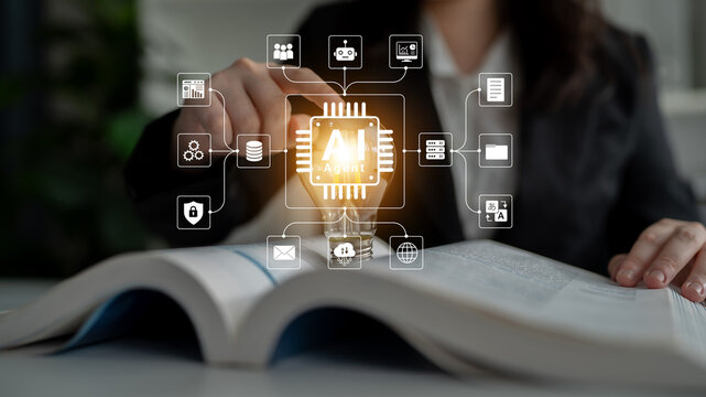 Business Professional Analyzing Artificial Intelligence Concepts with a Book in a Modern Office Environment, Technology and Innovation Concept. Glyphic.