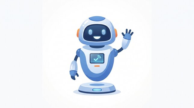 Friendly Robot Greeting: A cute and futuristic robot character, with blue and white accents and a smiling digital face, waves hello from its levitating platform.