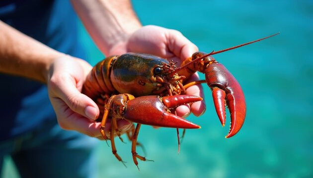 Person holds fresh alive lobster near blue ocean water. Fisherman shows catch at sunny beach shore during summer day. Hands support large red crustacean marine animal with sharp claws. Natural