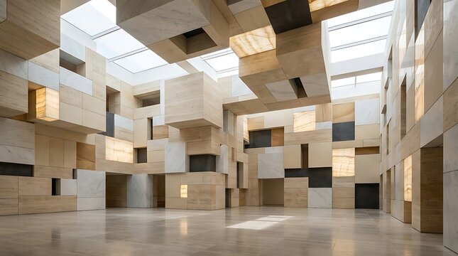 Abstract voxel architectural interior with stacked marble and glowing light blocks creating immersive geometric environment in large bright minimalist museum hall.