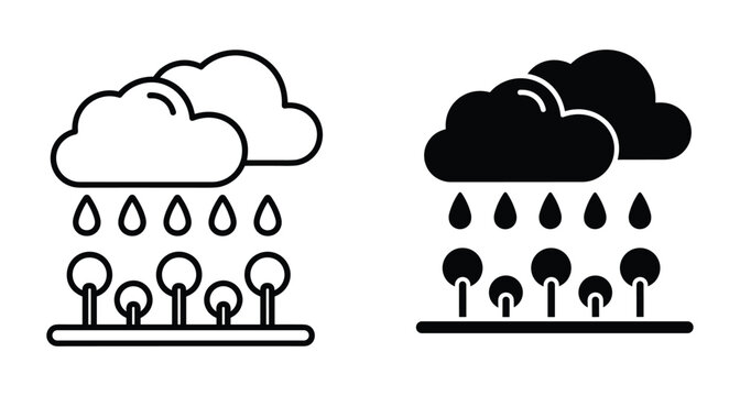 Rain falling from clouds onto small trees representing forest growth and environmental sustainability in outline and solid icon styles