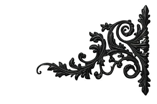 Black cast iron ornamental scrollwork bracket element with vintage victorian decorative filigree design on transparent background