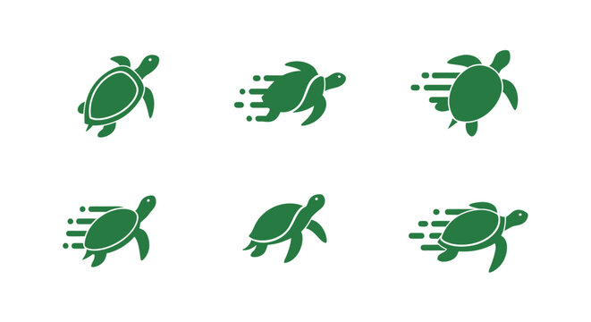 Green turtles are moving quickly in different directions on a white background.