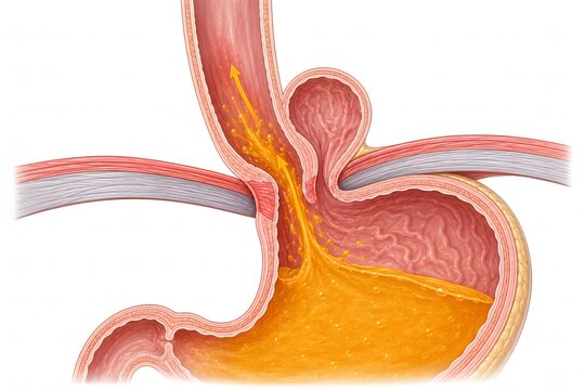 GERD acid reflux esophagus diagram, hiatal hernia, gastroenterology medical illustration  showing weakened esophageal sphincter, acid reflux flow and hiatal hernia anatomy.