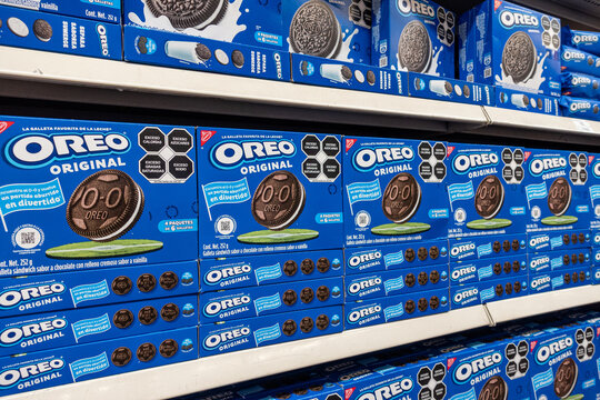 Boxes of Oreo cookies by Mondelez International, arranged on shelves in the grocery section at a supermarket for retail sale. Jalisco, Mexico, July 20, 2026. Nabisco