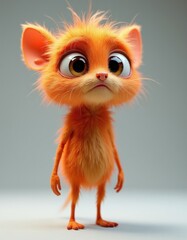 Obraz premium Small orange furry monster with large eyes stands on neutral background. Cute imaginary creature features soft hair, unique facial expression. Adorable cartoon character design for digital art