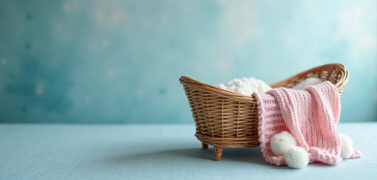 Empty wicker baby cradle with pink knit blanket stands on table. Nursery bed awaits newborn infant in quiet room. Absence of child foster care adoption concept orphan loss loneliness infertility