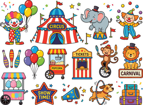 Vector illustration of fun circus and carnival elements collection with clowns striped big top tent performing elephant lion juggling monkey carnival elephant juggling balloons entertainment