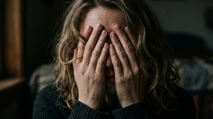 Fototapeta premium A close-up view of a woman with wavy hair pressing her hands against her face, showing signs of exhaustion