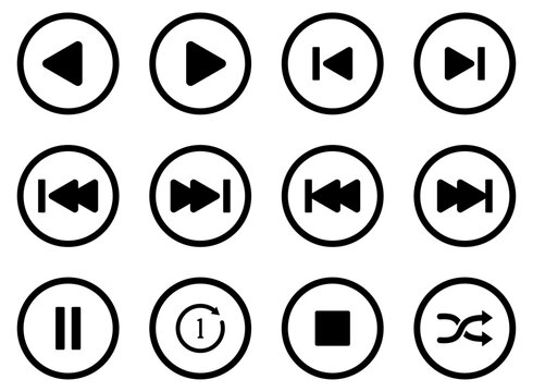 Media control icon set for play, pause, stop, next, previous and shuffle. Modern symbols for music players, video apps and multimedia interfaces.