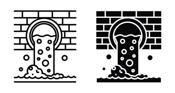Sewer pipe icon set showing industrial waste discharge into water with brick wall representing environmental pollution and drainage systems