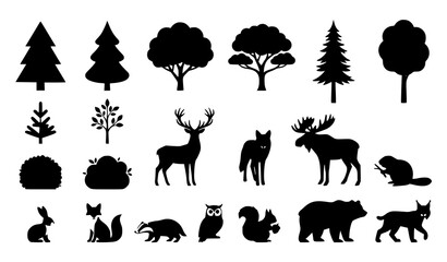 Forest Tree and Wildlife Silhouette Collection with Deer Bear Fox Owl and Woodland Animals © Crafts Home