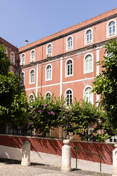 Traditional terra cotta colored building in Lisbon, Portugal framed by trees on a sunny day. 