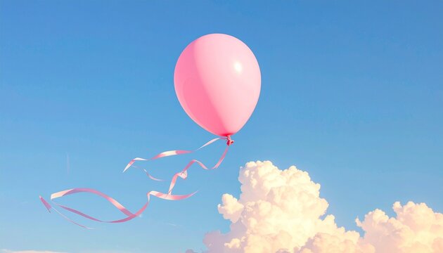 Single pink balloon floating in bright blue sky with soft white clouds, trailing ribbons, serene atmosphere evoking freedom, lightness, and vibrant minimal design on white background.