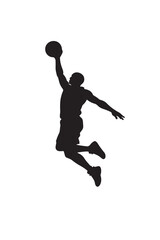 Basketball player silhouette jumping for slam dunk, athletic man playing basketball vector illustration, black sports figure isolated on white background © Graphics