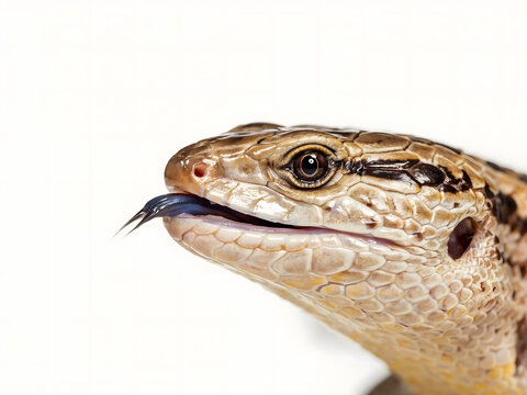 Close-up of lizard head with tongue out, isolated on white background