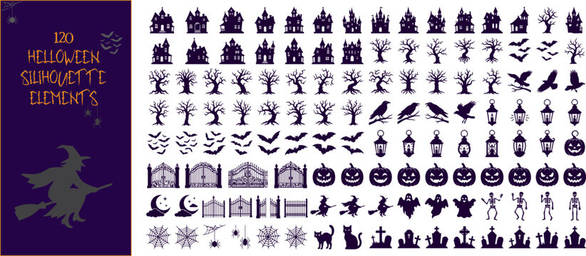 Halloween, silhouette icons, 30 black and white illustrations, spooky symbols, vector graphics