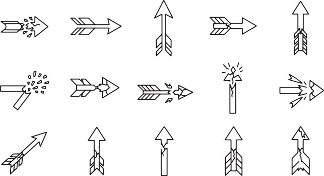 Broken arrow icons and intact arrow symbols representing direction and damage on checkered background.