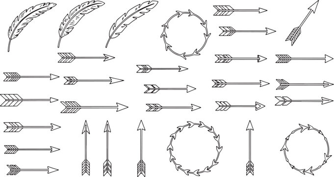 Arrow and feather set, circular arrow patterns, direction pointers and tribal arrows on checkered background.