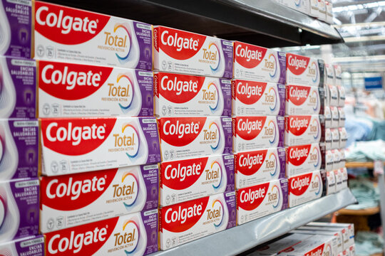 Boxes of Colgate Total 12 toothpaste, by Colgate Palmolive, on supermarket shelves for retail sale. Jalisco, Mexico, July 20, 2026.