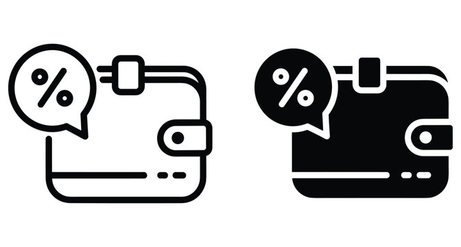 Wallet icon with percentage discount bubble for shopping sale promotion cashback offer financial savings and retail marketing business transaction symbol