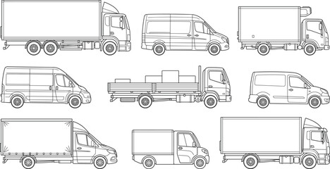 Architectural scale figures of commercial delivery trucks and vans elevation vector line art collection © razia