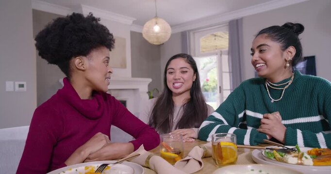 Diverse women friends sharing meal at table left woman in maroon sweater speaking middle pointing