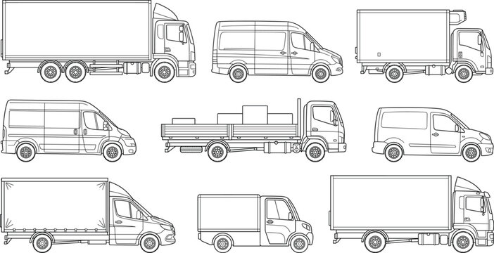 Architectural scale figures of commercial delivery trucks and vans elevation vector line art collection