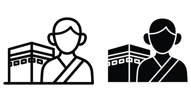 Muslim pilgrim man in ihram clothing standing next to Kaaba building icon set for Hajj and Umrah pilgrimage travel design