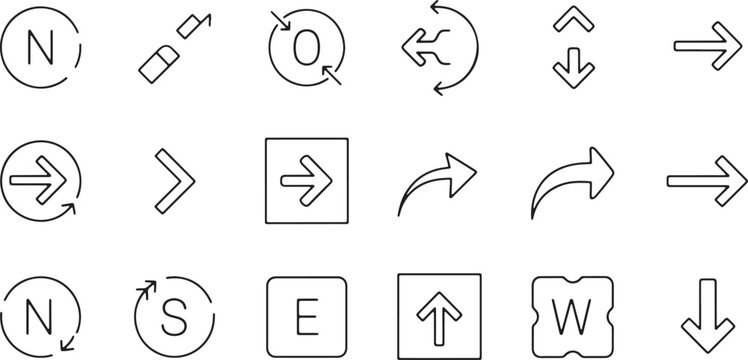 Set of directional icons including compass points N S E W arrows and road signs for navigation and direction indication.