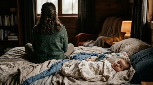A woman sits on a bed with her back to the camera, watching over a sleeping baby in a rustic, wood-paneled room