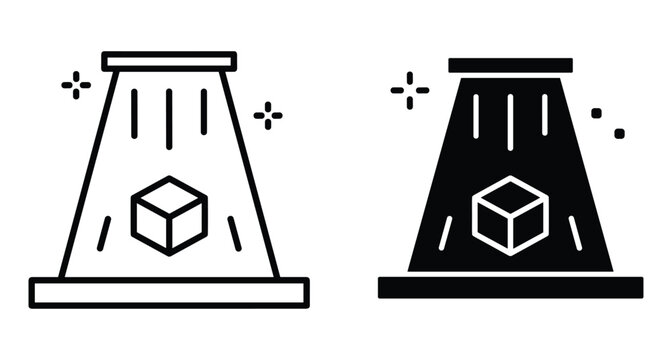 3D printing technology icon set showing additive manufacturing process laser beam creating cube object for industrial prototyping and engineering design