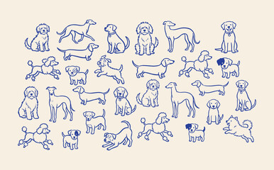 Cute dog breeds outline icon collection. Golden retriever, dachshund, poodle and husky puppy line art sketch vector illustration set. © FreelancerHasin