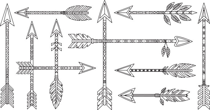 Native american tribal arrows set drawn in doodle style with intricate ethnic patterns and feather details on transparent background.