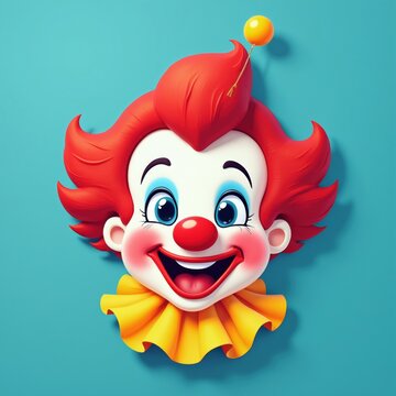 Funny clown character portrait with red hair on bright blue background. Digital art mascot face with wide smile, yellow ruff collar. Playful cartoon entertainer icon for kids party event. Colorful