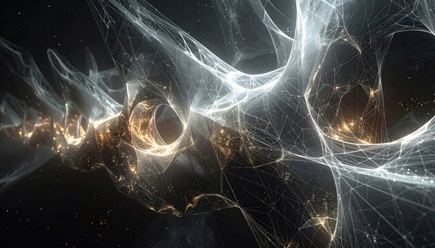 Intricate glowing geometric wireframe network structures in a futuristic digital abstract space