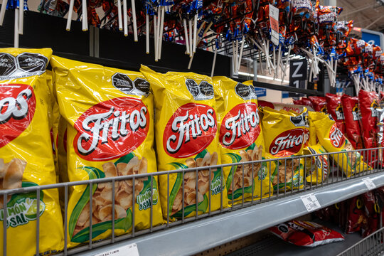 Bags of Fritos chips by Sabritas, owned by PepsiCo, on supermarket shelves for retail sale. Jalisco, Mexico, July 20, 2026.