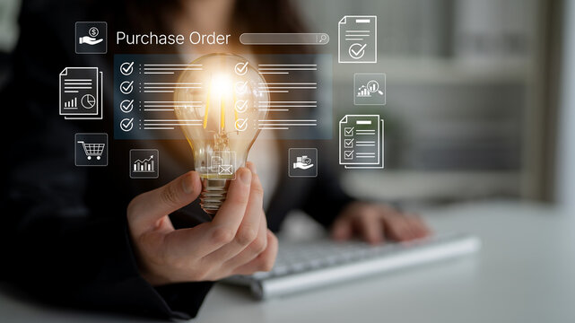 Business Innovation Concept with Light Bulb and Digital Purchase Order Management, Representing Ideas, Planning, and Modern Technology in the Workspace. Bitwise.