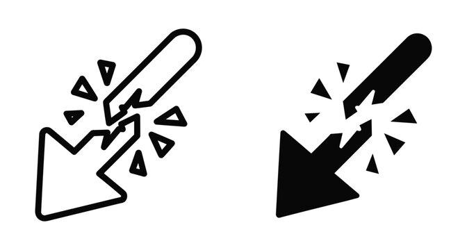 Broken arrow icon set showing snapped pointer with shards representing failure error damage crash disconnect problem and technical glitch symbol