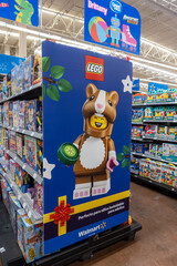 Fototapeta premium Lego advertisement featuring a character, by The Lego Group, on toy aisle racks at a supermarket. Jalisco, Mexico, July 20, 2026.
