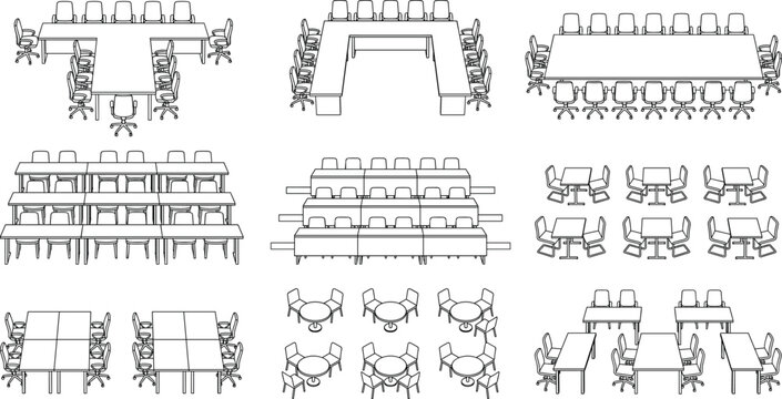 Architectural scale figures of office meeting tables and classroom desk layouts isometric perspective vector line art collection