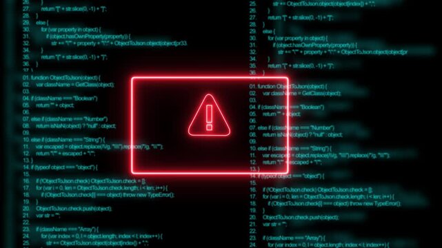 Cybersecurity alert concept featuring a glowing red warning sign and code red text overlaying scrolling digital software source code on a dark background, for high-tech data, breach and hacking themes