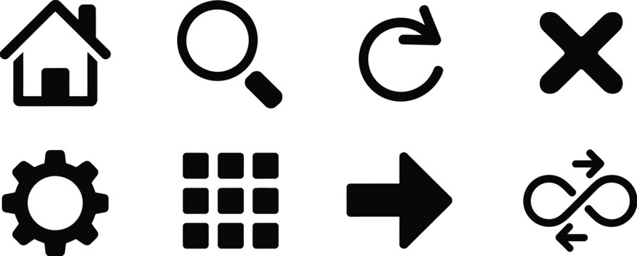User interface icon featuring essential web and mobile application symbols in modern outline and solid editable vector styles.