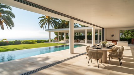 Fototapeta premium Expansive modern patio dining space with infinity pool and palm trees, swimming