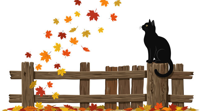 Black cat sitting on a wooden fence surrounded by falling autumn leaves