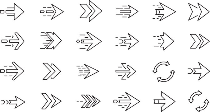 Pack of linear and geometric arrow icons with speed lines and circular motion on transparent background vector graphics.