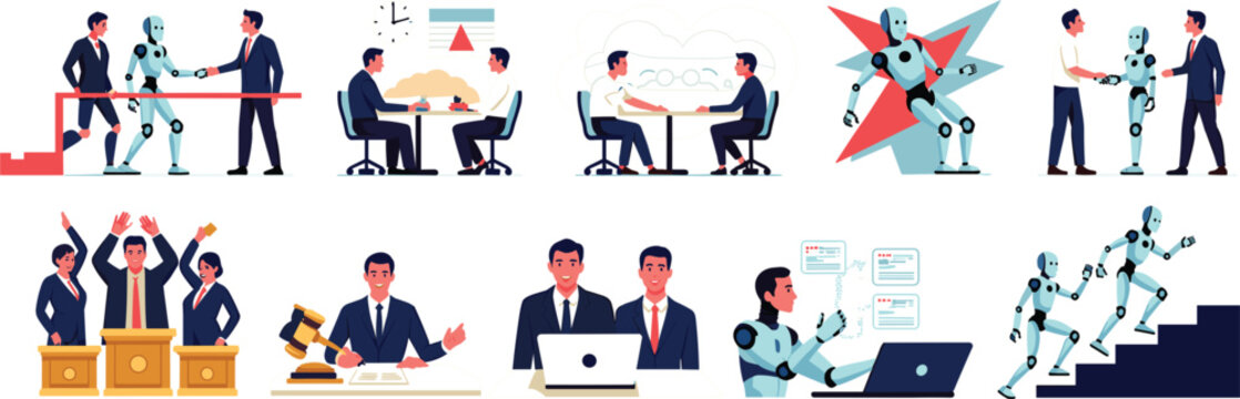 Artificial intelligence in business and legal work character set, robot corporate integration and law vector