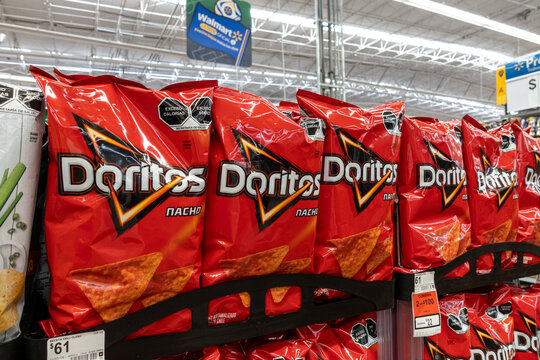 Bags of Doritos tortilla chips, owned by PepsiCo, on supermarket shelves for retail sale. Jalisco, Mexico, July 20, 2026. Sabritas, Lays